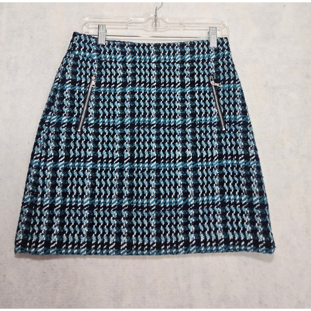Ann Taylor LOFT Skirt 2 Wool Plaid Tweed Mini Houndstooth‎ Preppy Clueless Teal